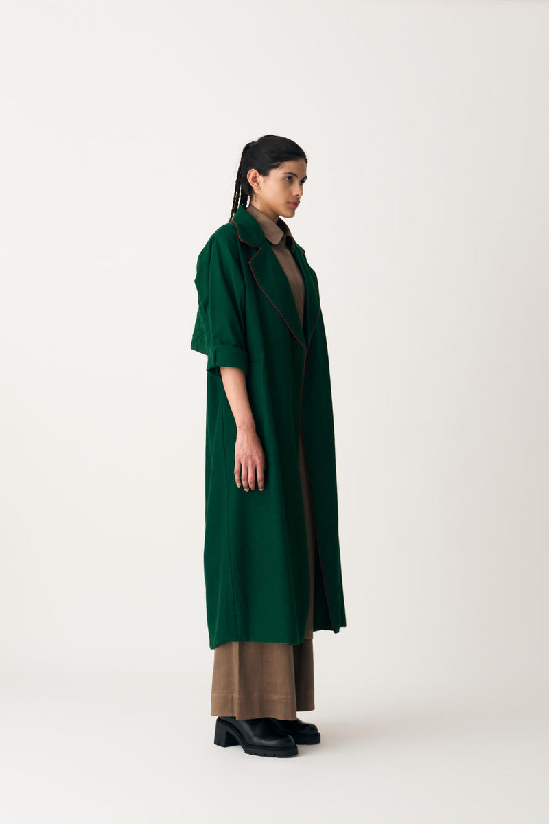 NOTCH COLLAR WOOLEN TRENCH OVERLAY CO-ORD (SET OF 3) cotton by THREE in brown color for women Worldwide