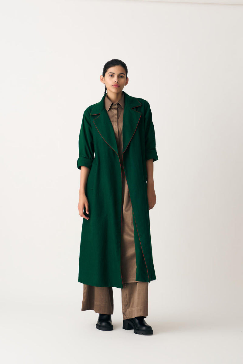 NOTCH COLLAR WOOLEN TRENCH OVERLAY CO-ORD (SET OF 3) cotton by THREE in brown color for women Worldwide