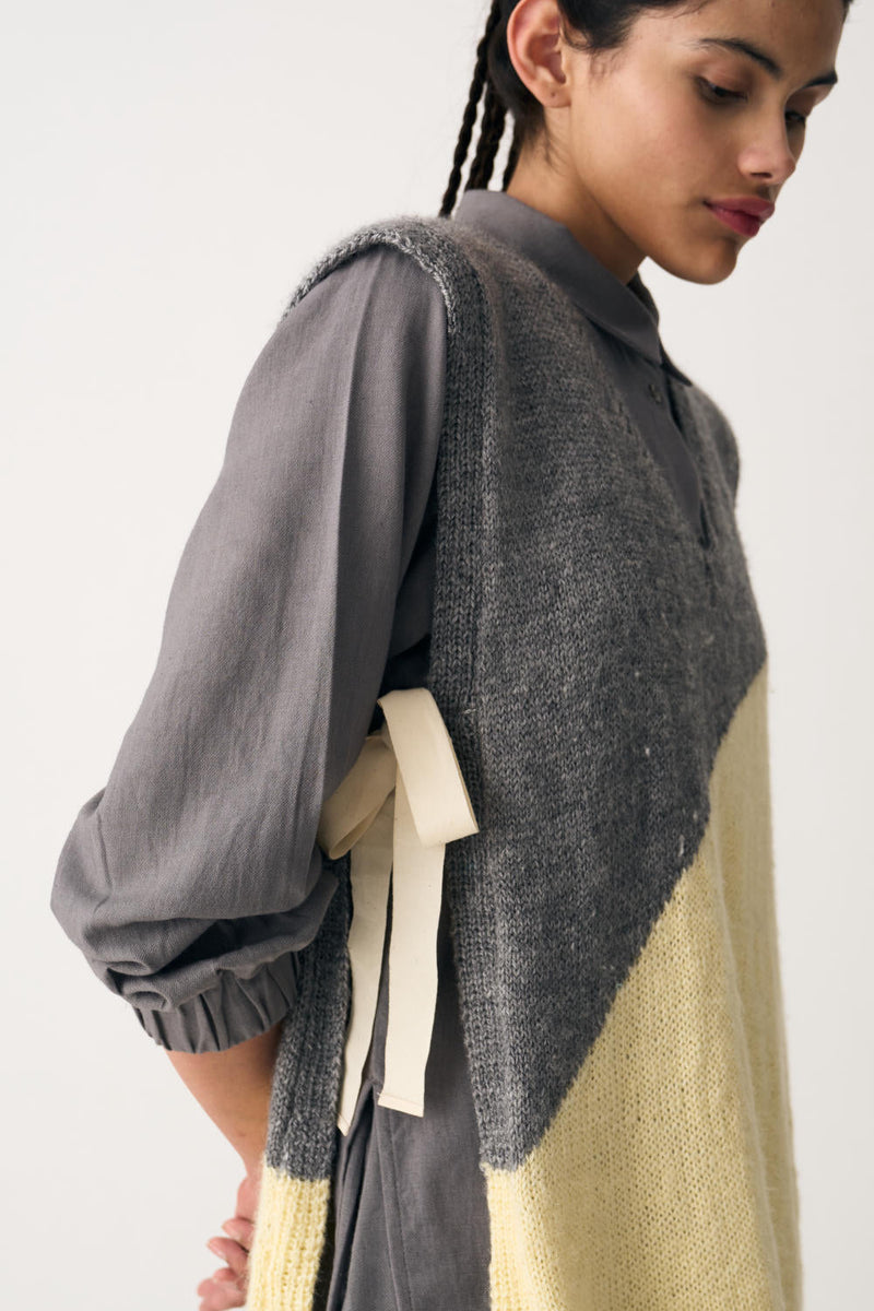 HAND KNITTED SIDE TIE SWEATER VEST CO-ORD (SET OF 3) by THREE in grey color for women Worldwide