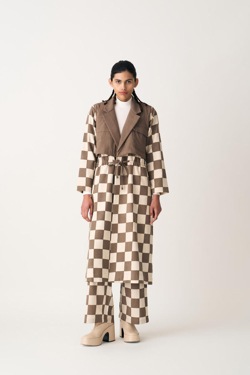 QUILTED YOKE TRENCH OVERLAY - UMBER CHECK cotton by THREE in brown color for women Worldwide