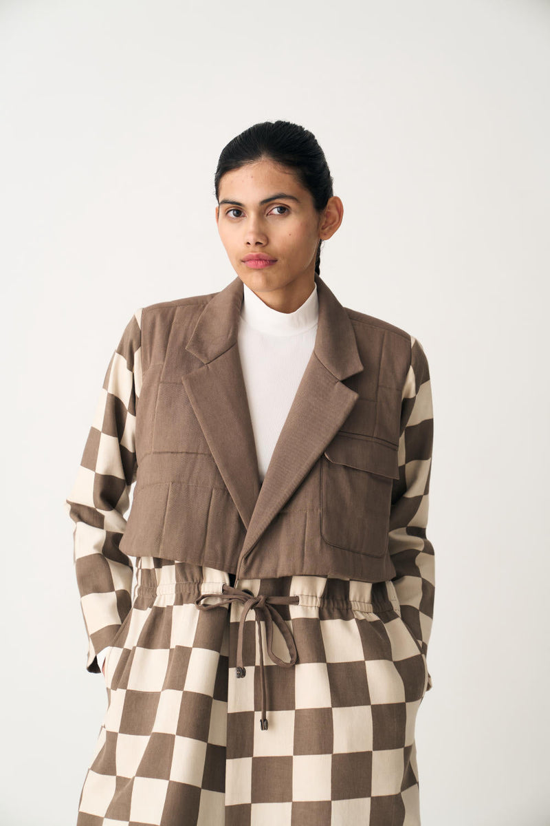 QUILTED YOKE TRENCH OVERLAY - UMBER CHECK cotton by THREE in brown color for women Worldwide