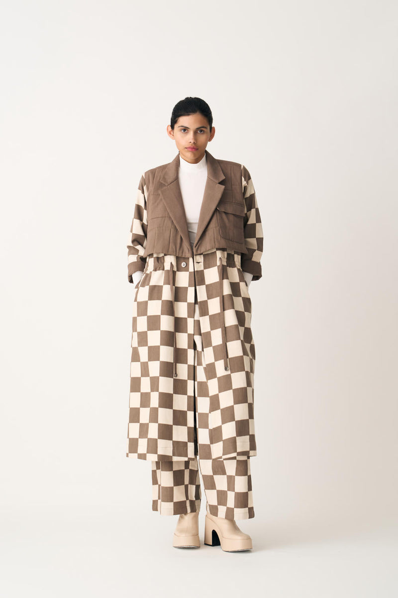 QUILTED YOKE TRENCH OVERLAY - UMBER CHECK cotton by THREE in brown color for women Worldwide
