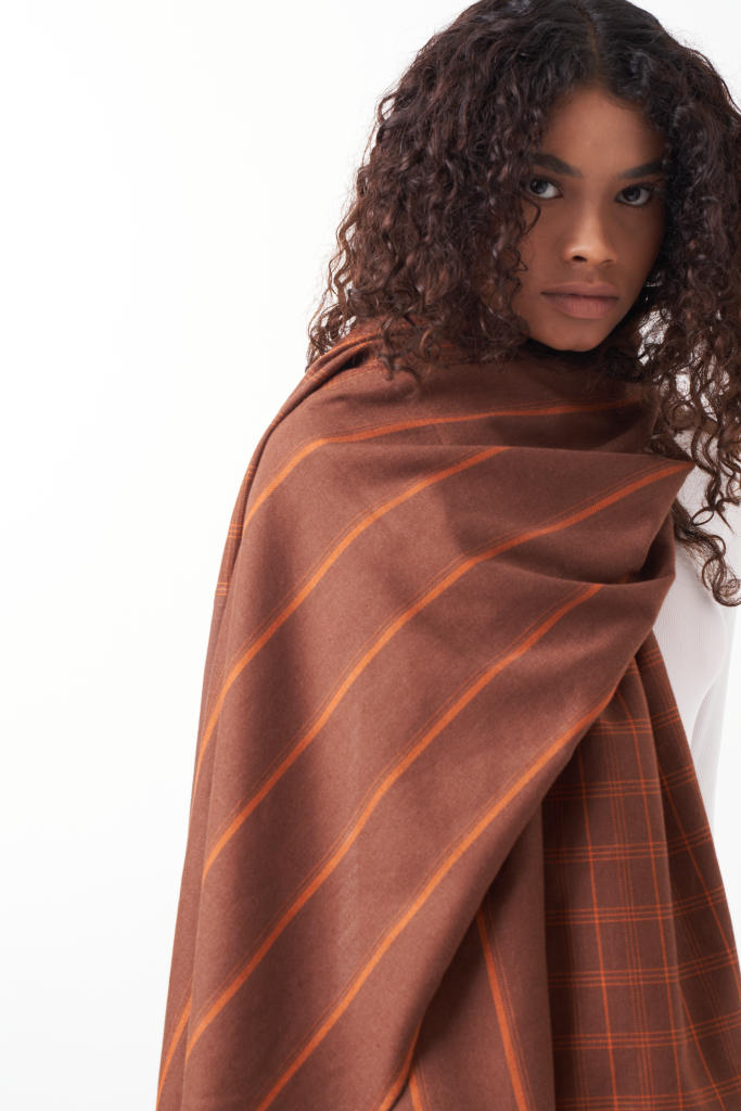 PANELED SCARF-BROWN by THREE in brown color for women Worldwide