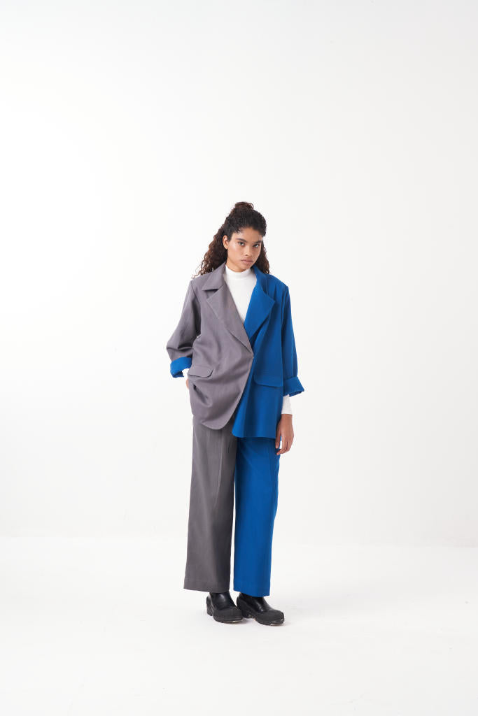 TWO TONE JACKET CO-ORD (SET OF 2)-ELECTRIC BLUE/GREY by THREE in brown color for women Worldwide