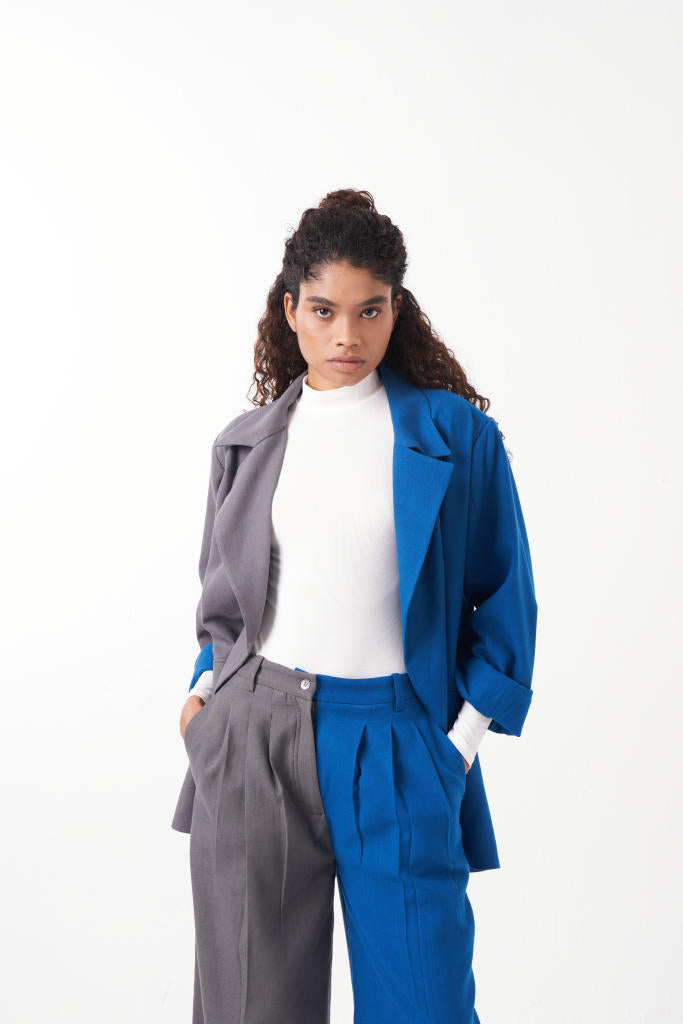 TWO TONE PANT-ELECTRIC BLUE & GREY by THREE for women Worldwide