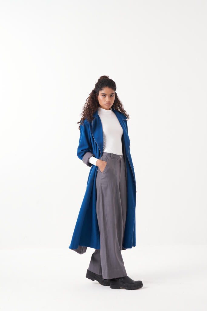 NOTCH COLLAR EMB. WOOLEN JACKET + GREY PANT by THREE in blue color for women Worldwide