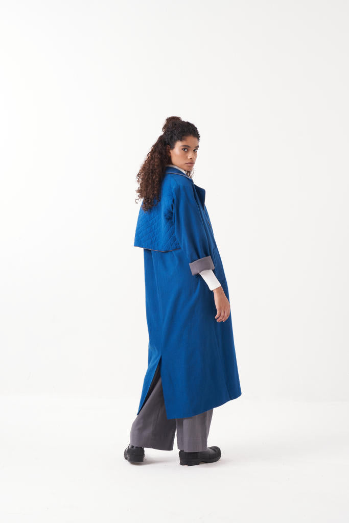 NOTCH COLLAR EMB. WOOLEN JACKET + GREY PANT by THREE in blue color for women Worldwide