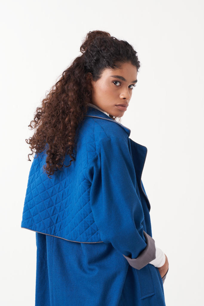 NOTCH COLLAR WOOL TRENCH JACKET-ELECTRIC BLUE by THREE in blue color for women Worldwide