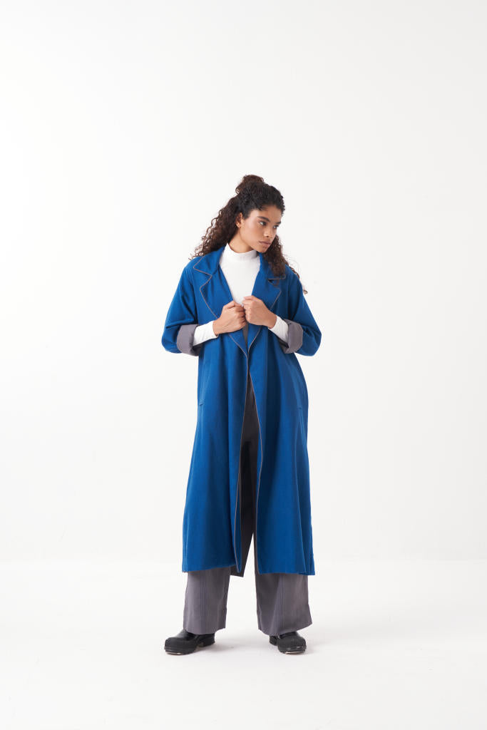 NOTCH COLLAR EMB. WOOLEN JACKET + GREY PANT by THREE in blue color for women Worldwide