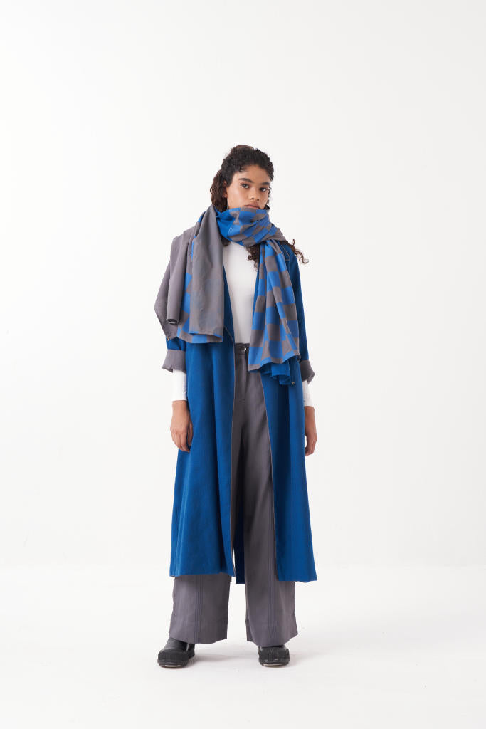 NOTCH COLLAR EMB. WOOLEN JACKET CO-ORD (SET OF 3) by THREE in blue color for women Worldwide