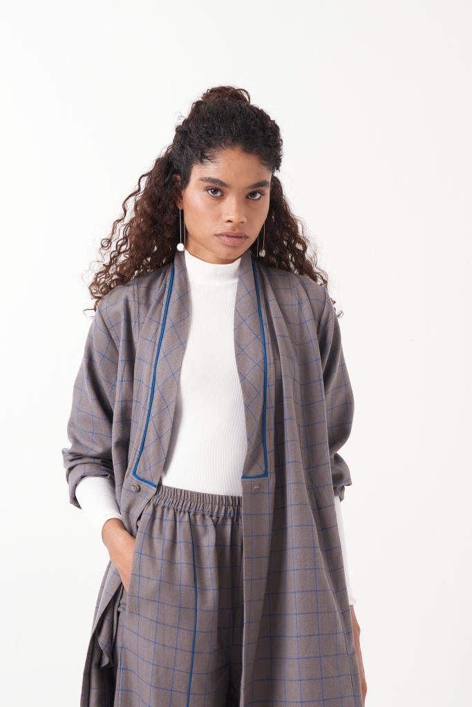 WRAP COLLAR EMB. CHECK CO-ORD (SET OF 2)-GREY CHECK by THREE in grey color for women Worldwide