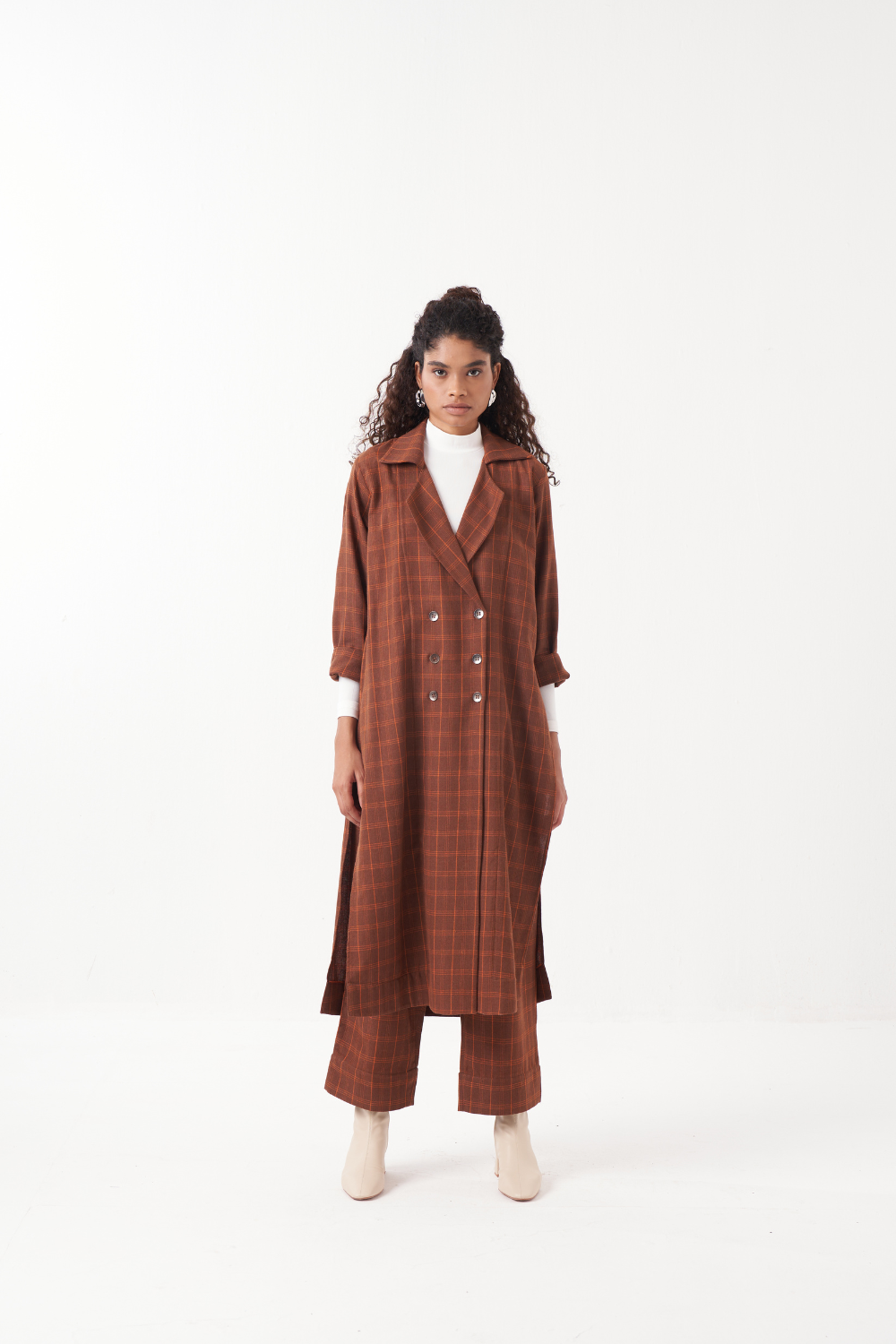 OVERLAP KAFTAN  BROWN CHECK-CHOCOLATE BROWN