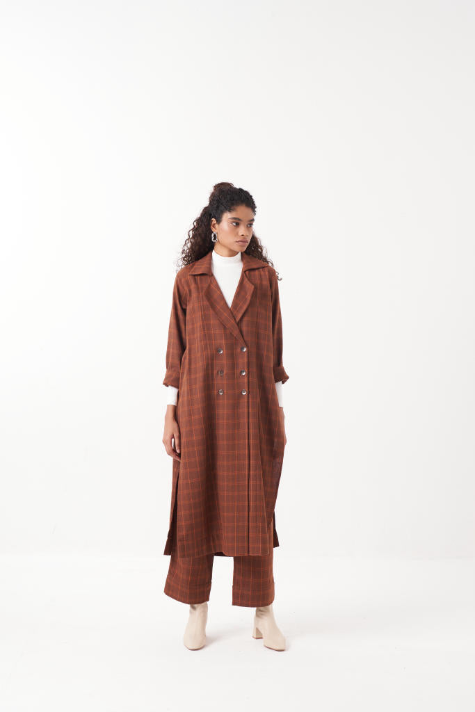 OVERLAP KAFTAN BROWN CHECK CO-ORD (SET OF 2)-CHOCOLATE BROWN by THREE in brown color for women Worldwide