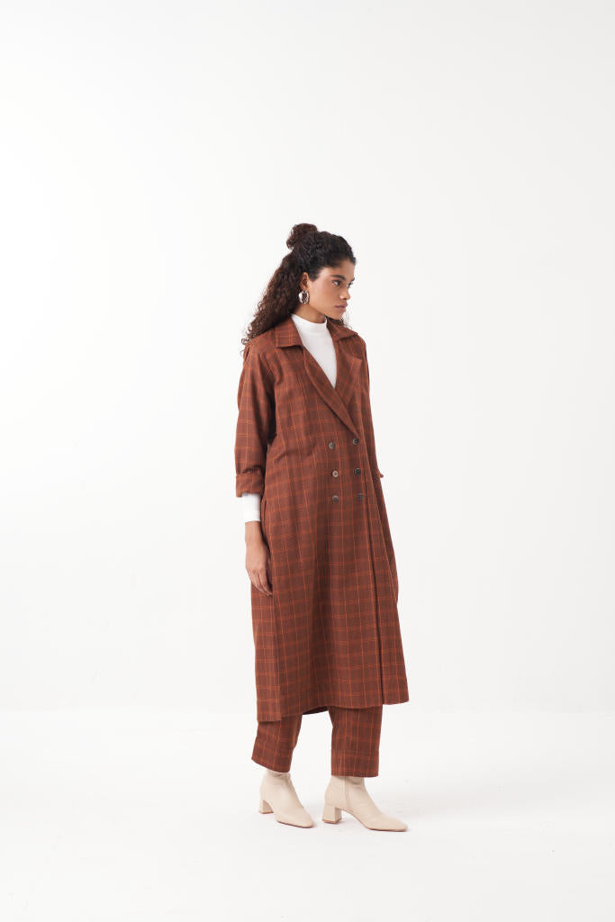 OVERLAP KAFTAN BROWN CHECK-CHOCOLATE BROWN by THREE in brown color for women Worldwide