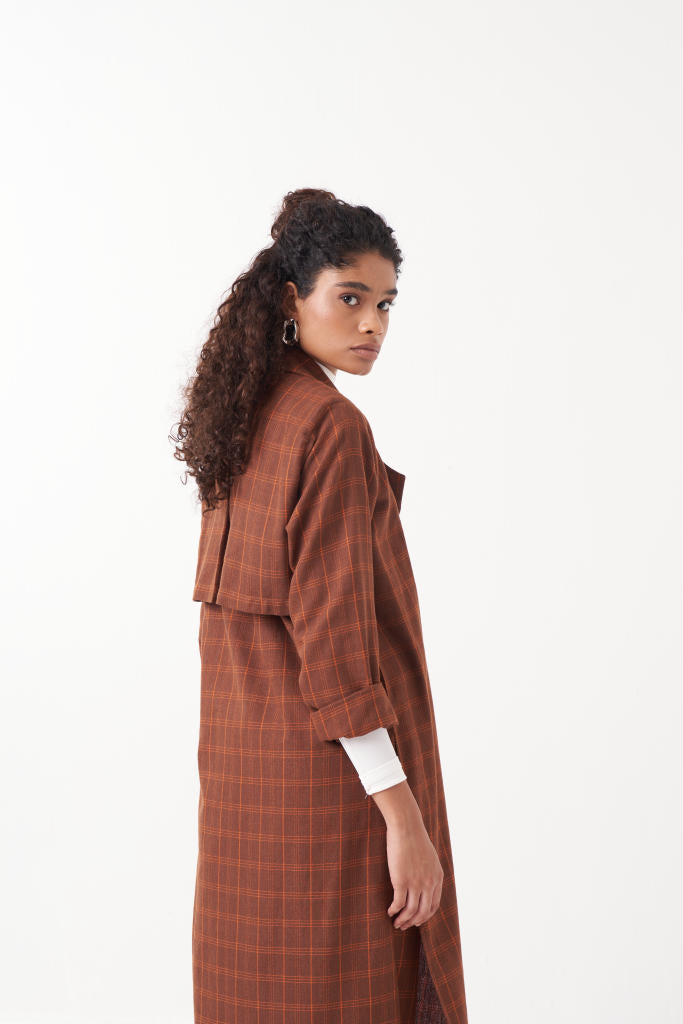 OVERLAP KAFTAN BROWN CHECK-CHOCOLATE BROWN by THREE in brown color for women Worldwide