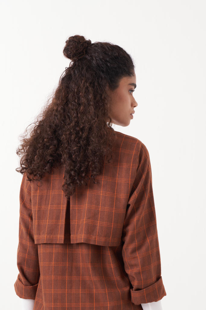 OVERLAP KAFTAN BROWN CHECK-CHOCOLATE BROWN by THREE in brown color for women Worldwide