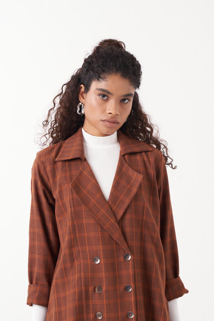 OVERLAP KAFTAN BROWN CHECK-CHOCOLATE BROWN by THREE in brown color for women Worldwide