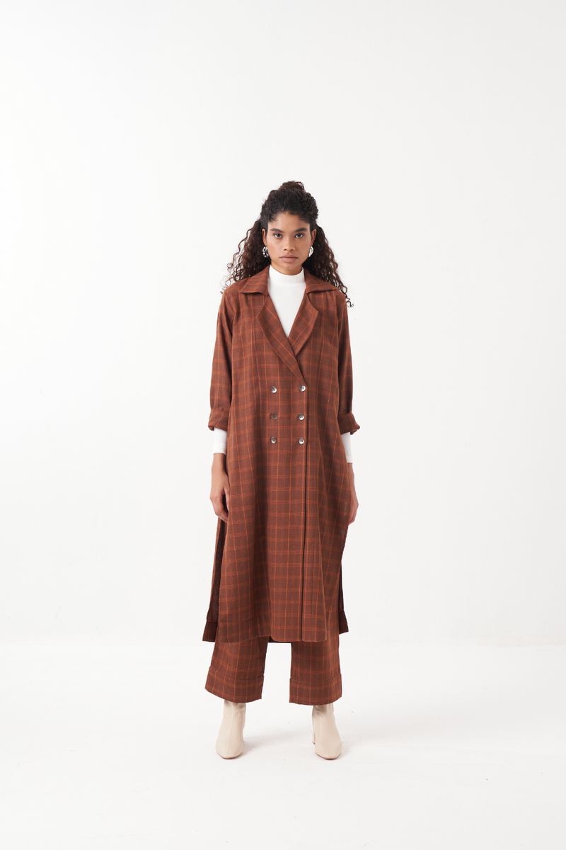 CHECKERED THREE PLEAT PANT-CHOCOLATE BROWN by THREE in brown color for women Worldwide