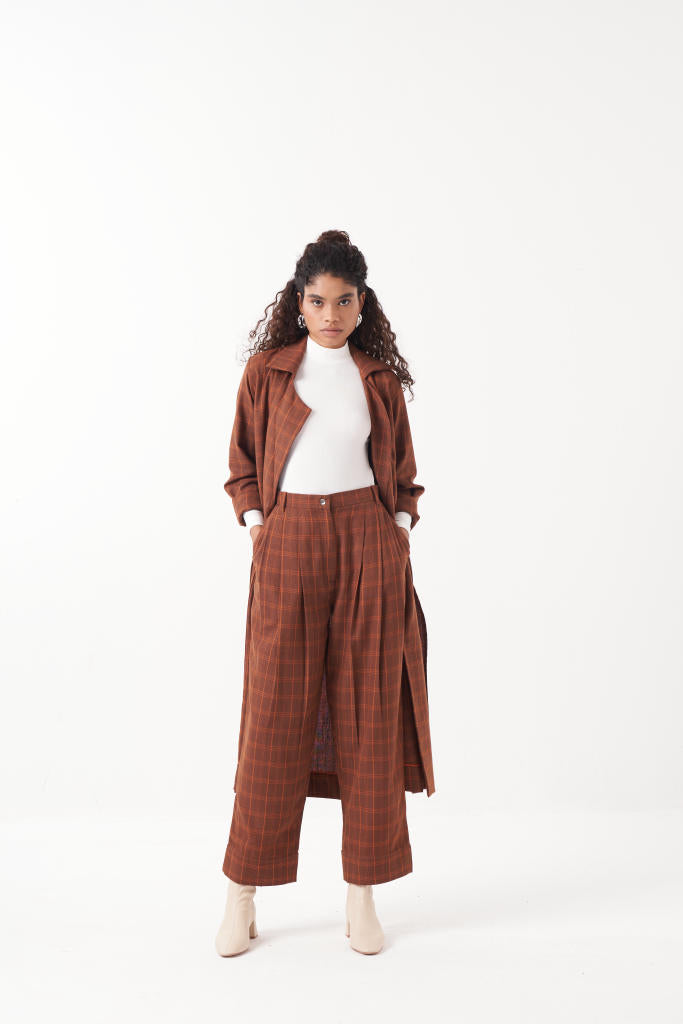 OVERLAP KAFTAN BROWN CHECK CO-ORD (SET OF 3)-CHOCOLATE BROWN by THREE in brown color for women Worldwide