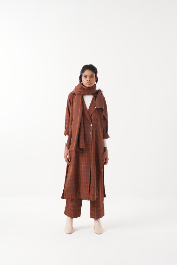 CHECKERED THREE PLEAT PANT-CHOCOLATE BROWN by THREE in brown color for women Worldwide