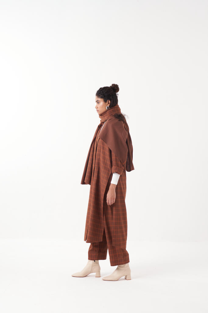 OVERLAP KAFTAN BROWN CHECK CO-ORD (SET OF 3)-CHOCOLATE BROWN by THREE in brown color for women Worldwide