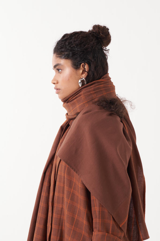 OVERLAP KAFTAN BROWN CHECK CO-ORD (SET OF 3)-CHOCOLATE BROWN by THREE in brown color for women Worldwide