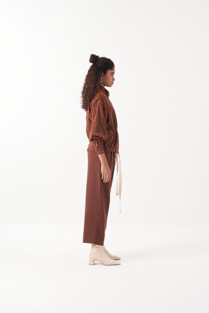 DRAWSTRING TOP-CHOCOLATE BROWN by THREE in brown color for women Worldwide