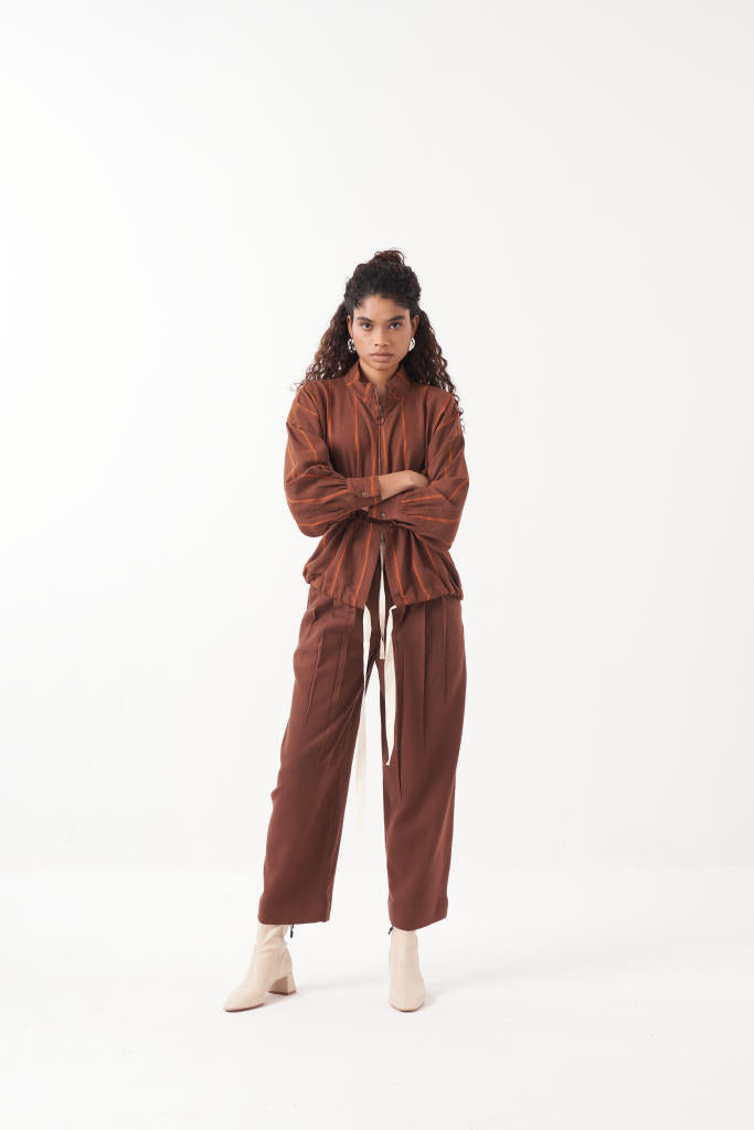 DRAWSTRING TOP-CHOCOLATE BROWN by THREE in brown color for women Worldwide