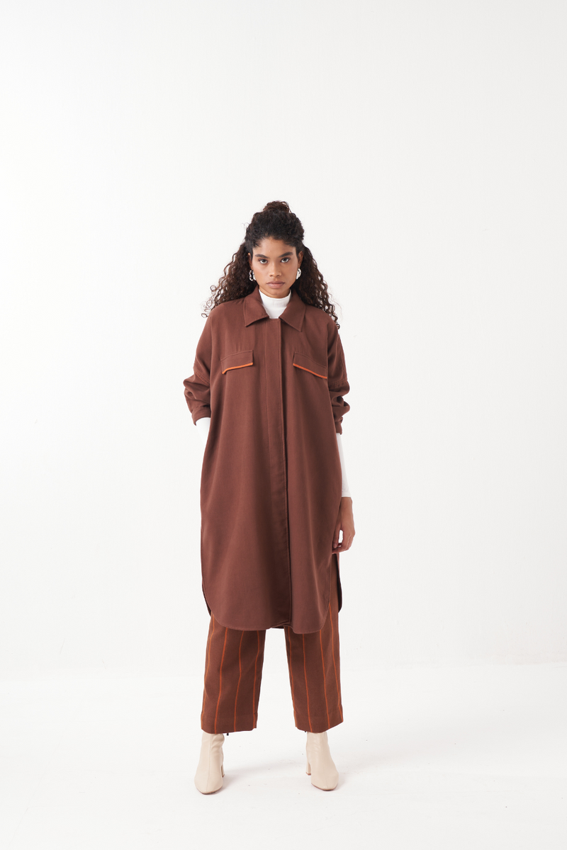 U- HEM JACKET CO-ORD (SET OF 2)-CHOCOLATE BROWN by THREE in brown color for women Worldwide