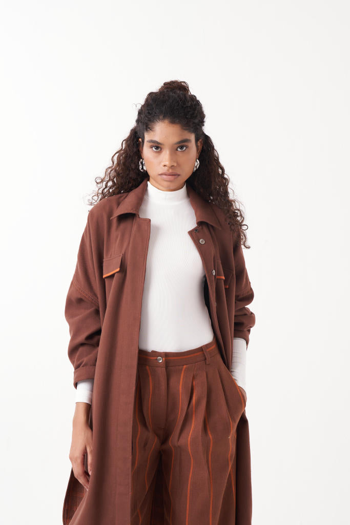 U- HEM JACKET CO-ORD (SET OF 2)-CHOCOLATE BROWN by THREE in brown color for women Worldwide