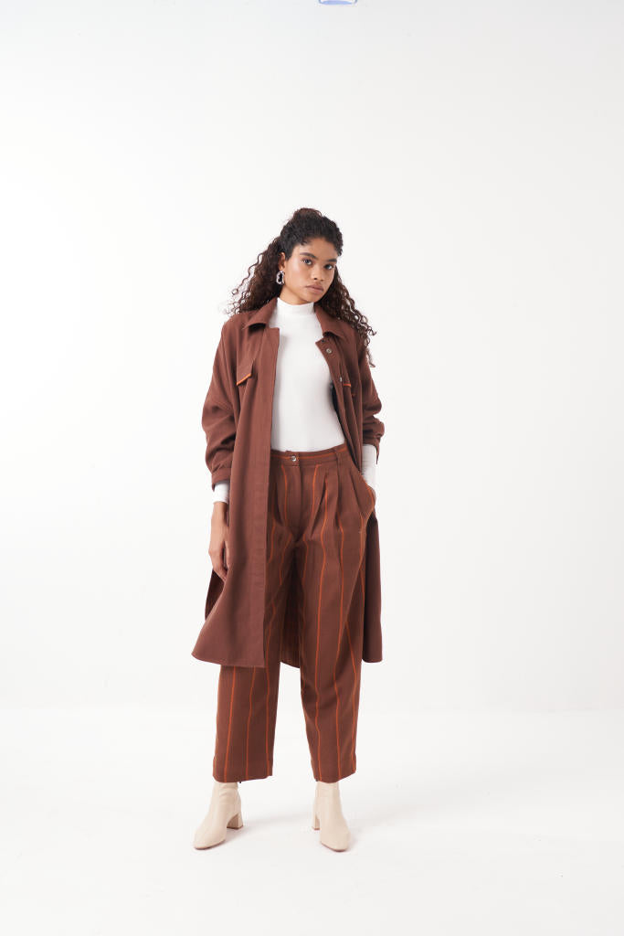 STRIPE THREE PLEAT BOTTOM-CHOCOLATE BROWN