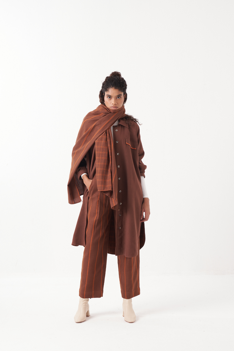 U- HEM JACKET CO-ORD (SET OF 3)-CHOCOLATE BROWN by THREE in brown color for women Worldwide