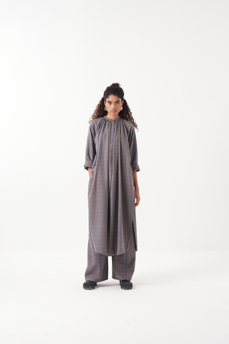 GATHER NECK SHIRT-GREY CHECK by THREE in grey color for women Worldwide