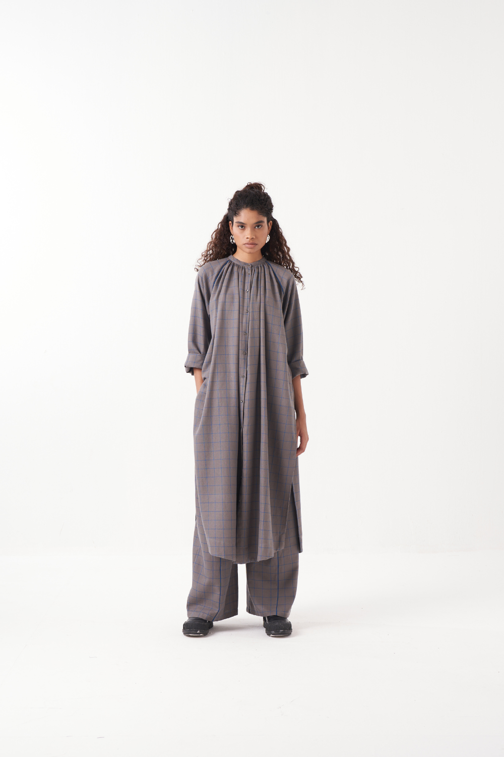 GATHER NECK SHIRT EMB. CHECK CO-ORD (SET OF 2)-GREY CHECK