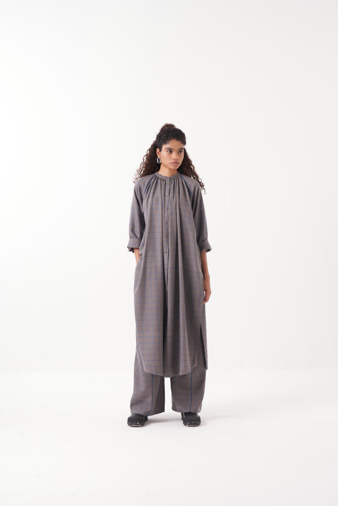 GATHER NECK SHIRT EMB. CHECK CO-ORD (SET OF 2)-GREY CHECK by THREE in grey color for women Worldwide