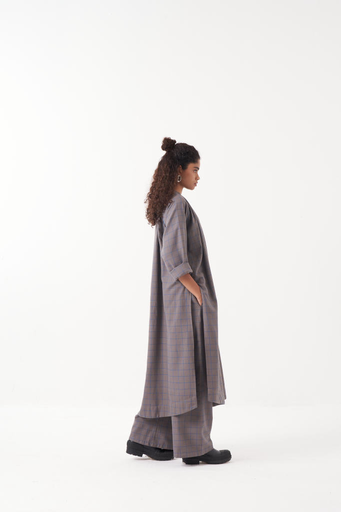 GATHER NECK SHIRT-GREY CHECK