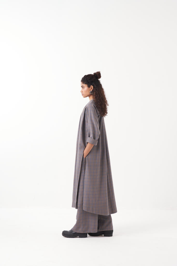 GATHER NECK SHIRT-GREY CHECK by THREE in grey color for women Worldwide