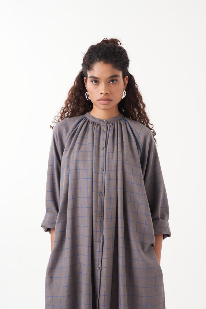 GATHER NECK SHIRT-GREY CHECK