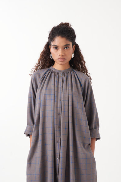 GATHER NECK SHIRT EMB. CHECK CO-ORD (SET OF 2)-GREY CHECK