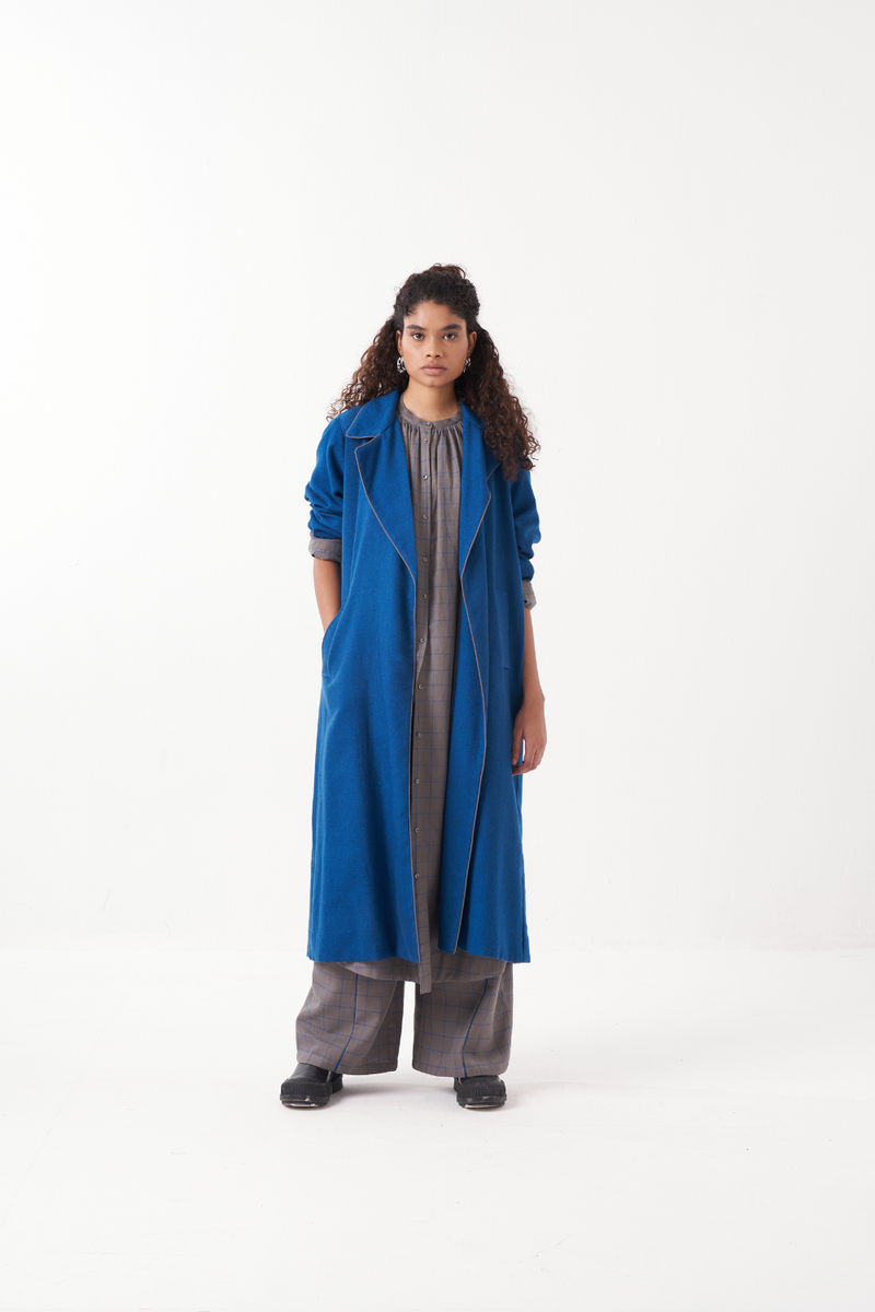 GATHER NECK SHIRT EMB. CHECK CO-ORD (SET OF 3)-ELECTRIC BLUE & GREY CHECK by THREE in grey color for women Worldwide