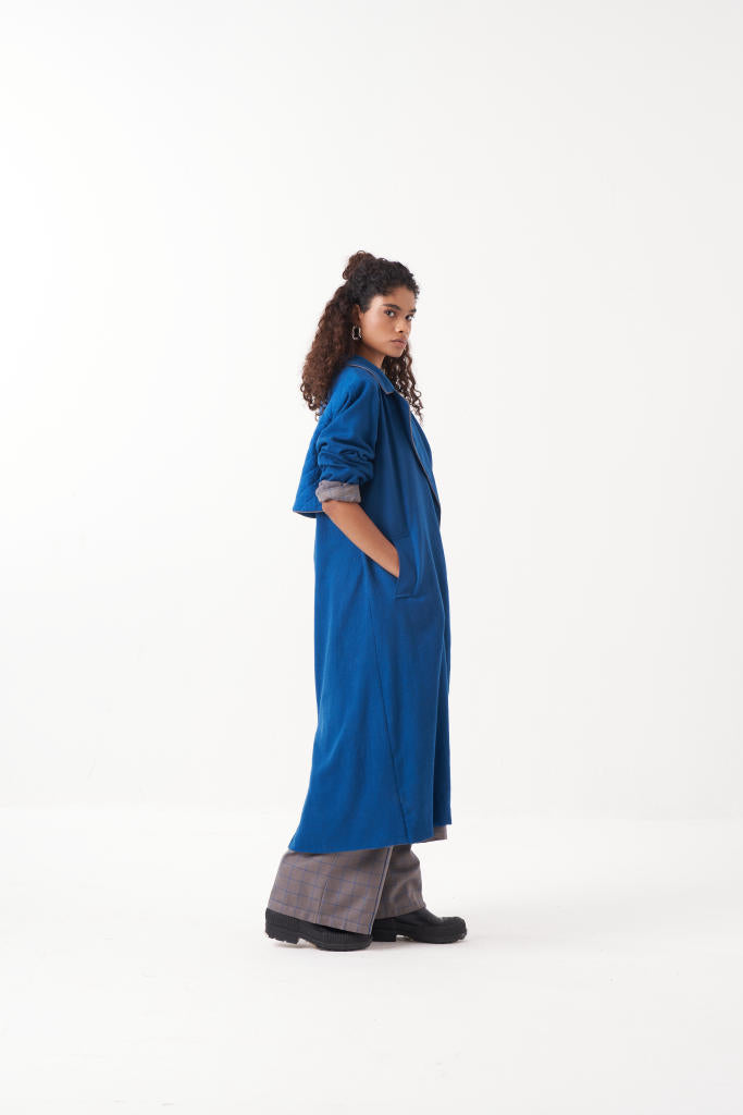 GATHER NECK SHIRT EMB. CHECK CO-ORD (SET OF 3)-ELECTRIC BLUE & GREY CHECK by THREE in grey color for women Worldwide