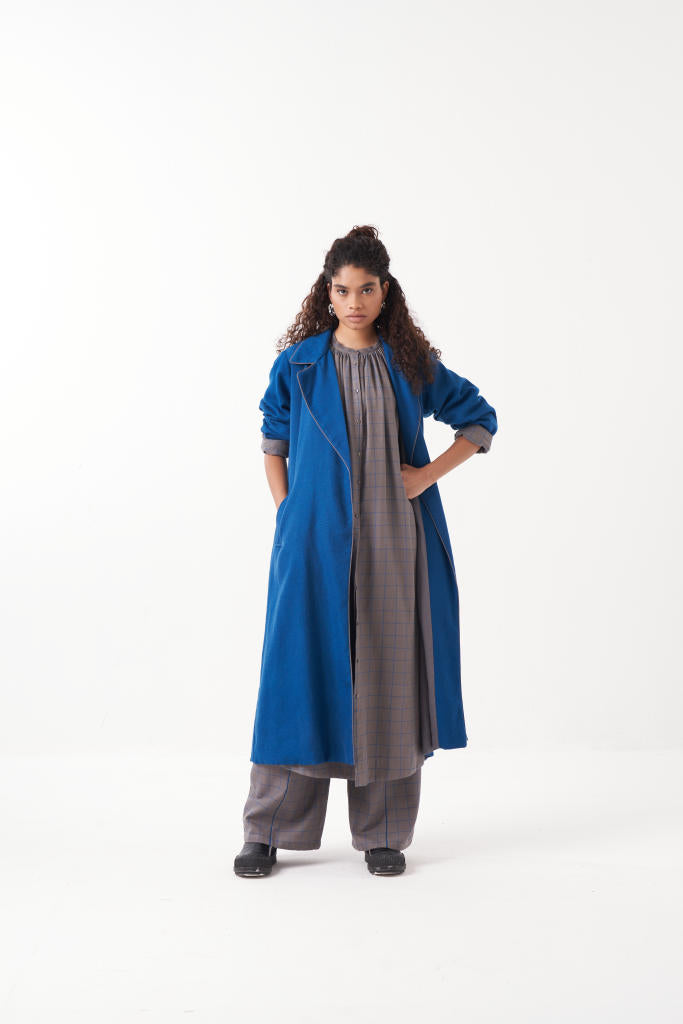 GATHER NECK SHIRT EMB. CHECK CO-ORD (SET OF 3)-ELECTRIC BLUE & GREY CHECK by THREE in grey color for women Worldwide