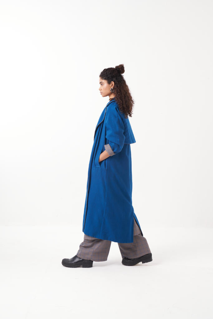 GATHER NECK SHIRT EMB. CHECK CO-ORD (SET OF 3)-ELECTRIC BLUE & GREY CHECK by THREE in grey color for women Worldwide