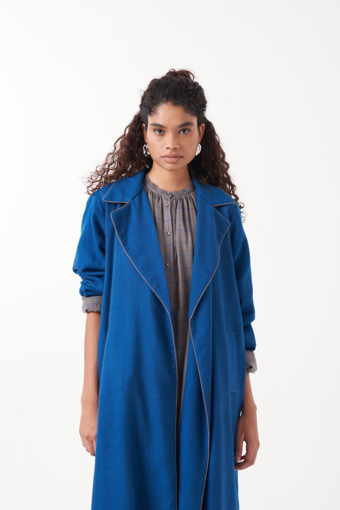 GATHER NECK SHIRT EMB. CHECK CO-ORD (SET OF 3)-ELECTRIC BLUE & GREY CHECK by THREE in grey color for women Worldwide