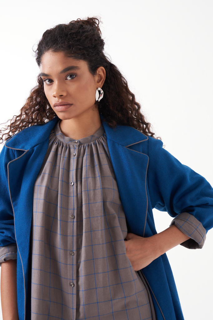 GATHER NECK SHIRT EMB. CHECK CO-ORD (SET OF 3)-ELECTRIC BLUE & GREY CHECK by THREE in grey color for women Worldwide