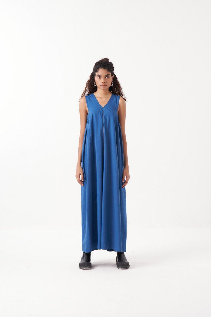 SQUARE ARMHOLE DRESS-ELECTRIC BLUE poplin by THREE in blue color for women Worldwide