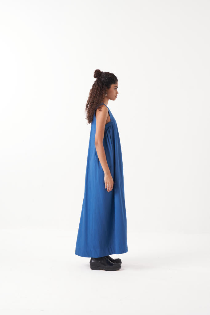 SQUARE ARMHOLE DRESS-ELECTRIC BLUE poplin by THREE in blue color for women Worldwide