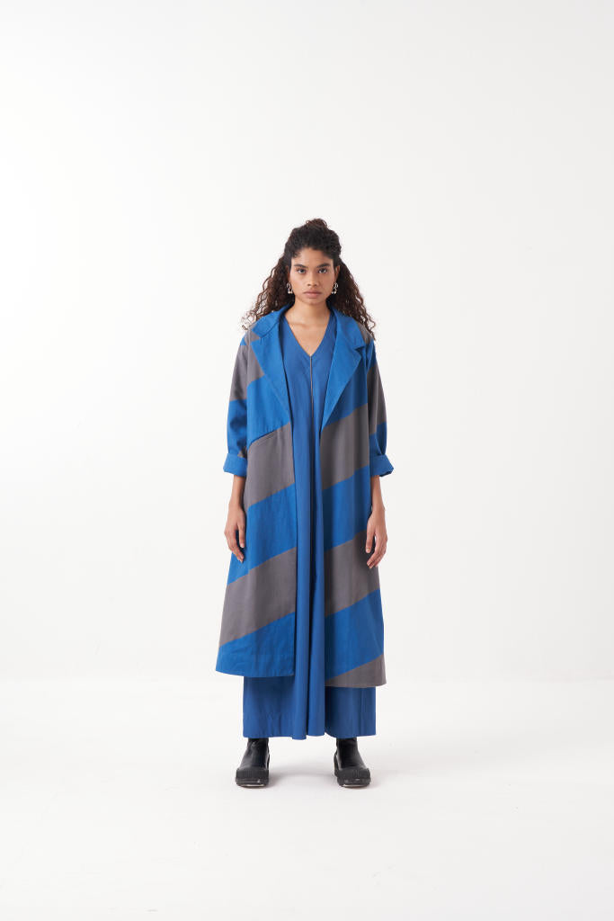 EMB. DIAGONAL JACKET CO-ORD (SET OF 2)-ELECTRIC BLUE GREY by THREE in grey color for women Worldwide
