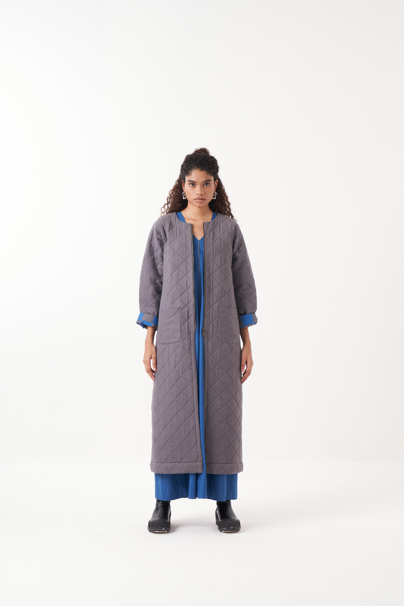 GREY LONG QUILTED JACKET-GREY by THREE in grey color for women Worldwide