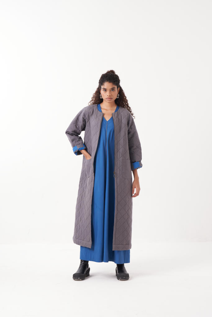 GREY LONG QUILTED JACKET-GREY by THREE in grey color for women Worldwide